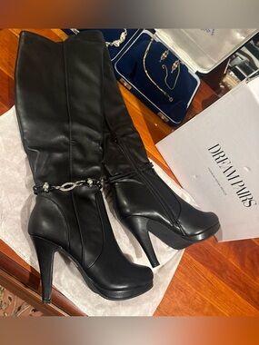 Dream Pairs Black Knee-High Stiletto Boots with Crystal Chain